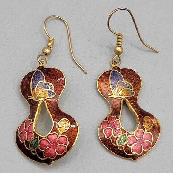 Vintage Cloisonné Enamel Dangle Earrings Red Floral Butterfly Design - Picture 1 of 3